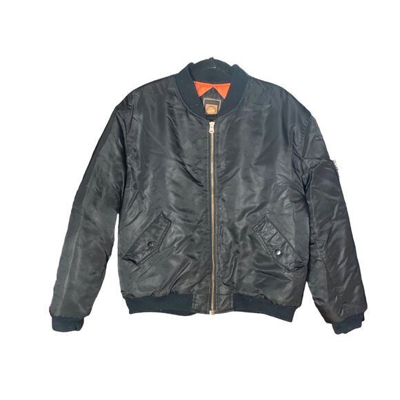 Men CLENCH JEANS Bomber Jacket L Black Orange Nylon Front Zipper  Pocket Ribbed - Picture 1 of 13